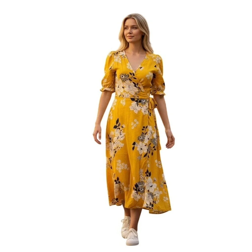 SEA NEW YORK Yellow Floral Wrap Pia‎ Midi Dress Size 0 Ruffle Sleeve Viscose